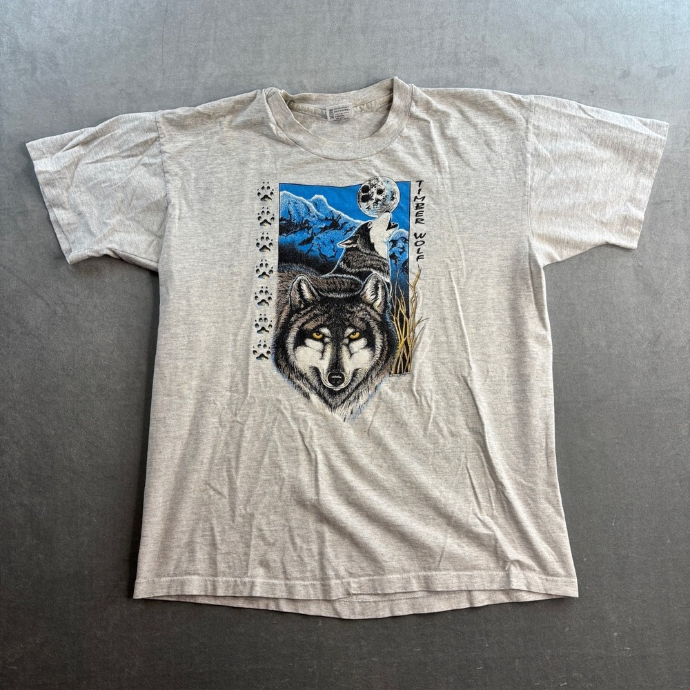 Vintage‎ 90s Timber Wolf Shirt Mens Large White Single Stitch Nature Made USA